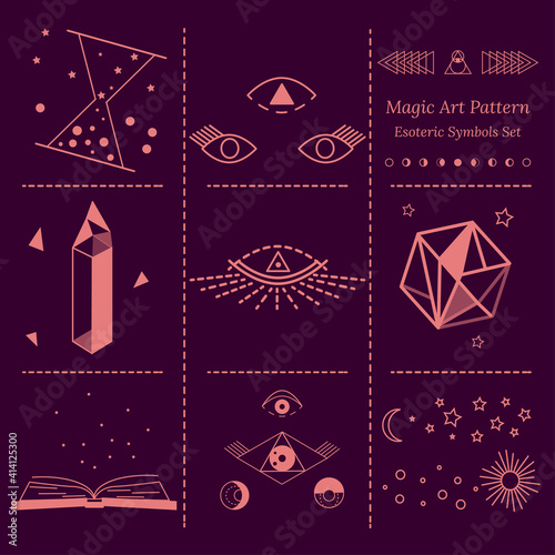 Large set of images of objects of esoterica, alchemy, magic, fortune telling, occultism. Vector doodle in outline style for tarot cards design, social networks, groups, web page.