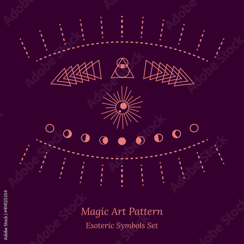 Different images of opening of third eye, symbol of soul in esoteric and general view. Moon phases. Illustration of magic session, look into future, connection with universe. Vector drawing for tarot