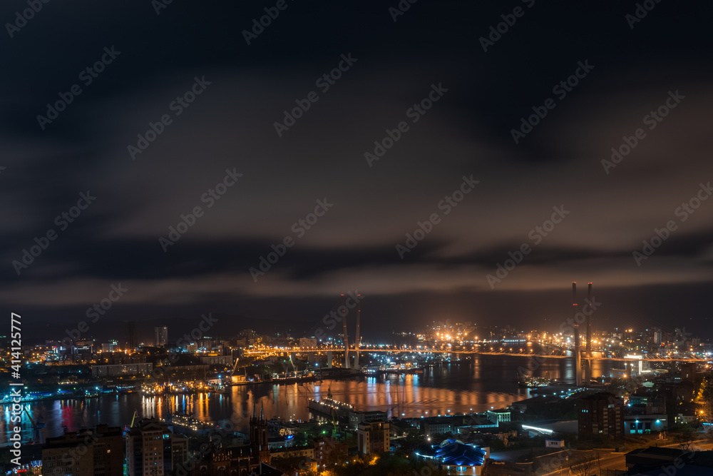 Vladivostok. Night view of Golden bridge.