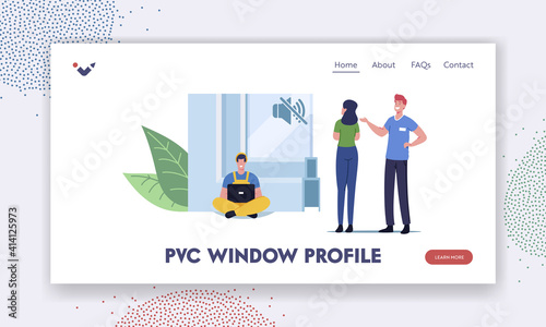 Pvs Window Profile Landing Page Template. Tiny Salesman Character Presenting Huge Soundproof Triple Hermetic Glass