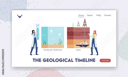 Geological Timeline Landing Page Template. Scientist Female Characters Presenting Oil or Gas Natural Formation Tint Line