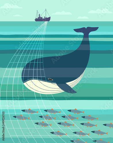 Blue Whale and fishes smim to Trawler Net vector