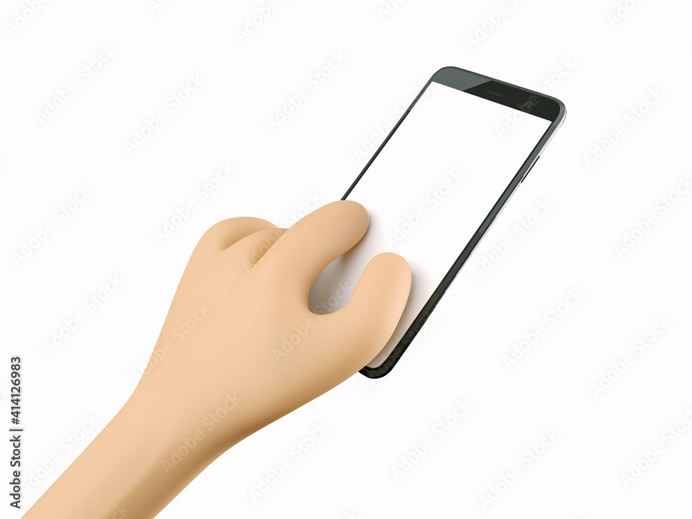 Phone in hand. Blank white screen on the phone. Fingers magnify the screen. Mockup. 3d rendering. 3d illustration. 3d hand Phone in hand. Blank white screen on the phone. Fingers magnify the screen. Mockup. 3d rendering. 3d illustration. 3d hand
