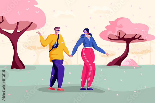 Happy young couple holding hands and walking in spring park. Boyfriend and girlfriend on a romantic date between pink trees. Spending time outdoor. Funny cartoon illustration in vector.