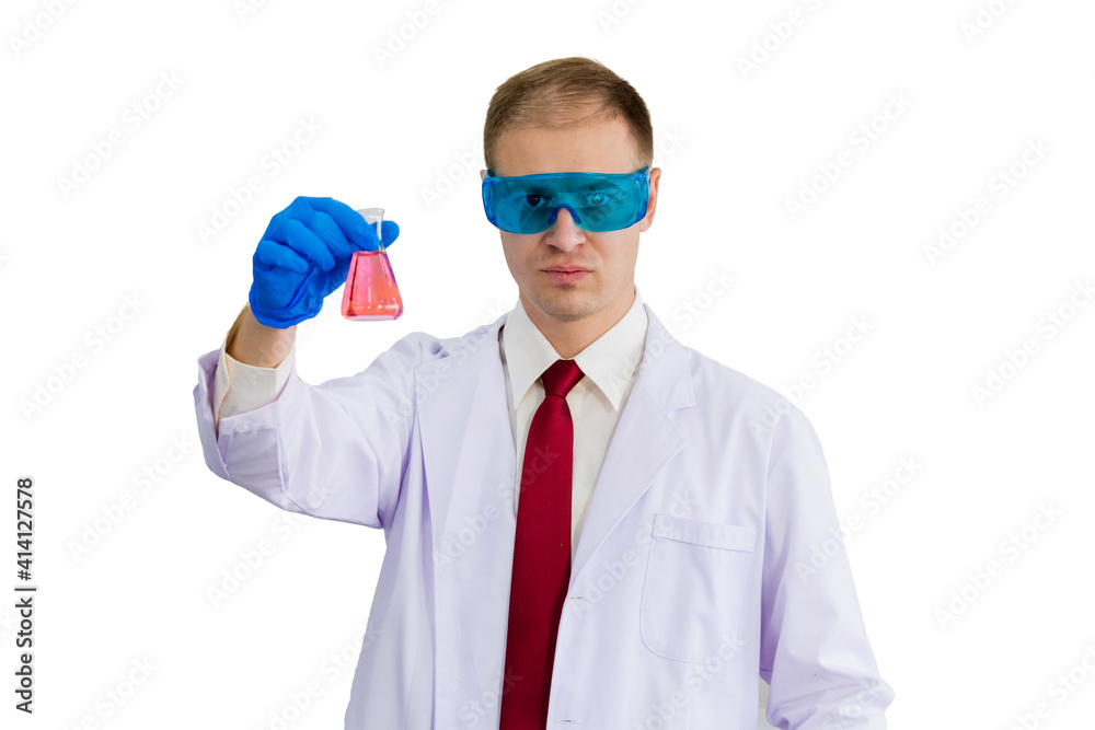 Male scientist wearing blue safety glasses and lifting chemical beaker isolated Male scientist wearing blue safety glasses and lifting chemical beaker isolated