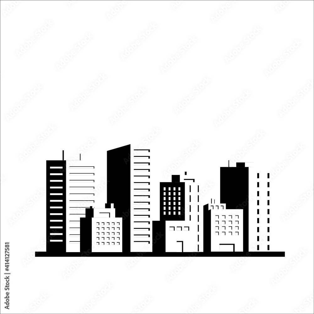 flat balck and white silhouette illustration of city building vector, urban skyscraper graphic background