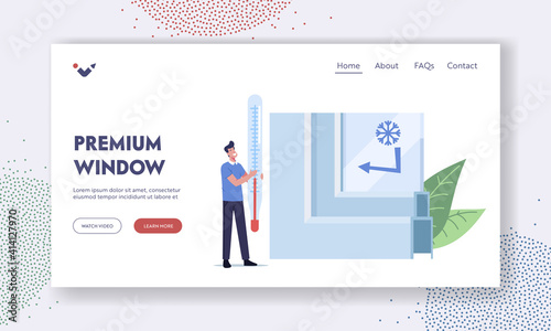 Premium Window Landing Page Template. Tiny Male Character with Huge Thermometer at Pvc Profile Presenting Plastic Glass