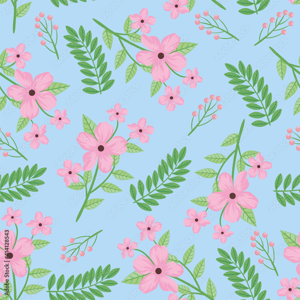 pink flowers and leafs spring pattern vector illustration design