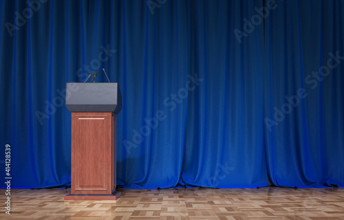 Tribune with microphones on blue background 3d illustration