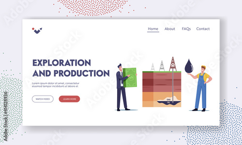 Resource Exploration and Production Landing Page Template. Businessman and Worker Characters Change Oil on Money