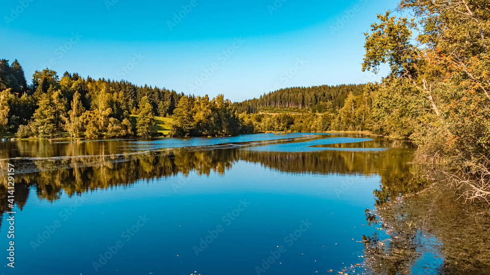 Beautiful summer view with reflections near Regen, Bavarian forest, Bavaria, Germany