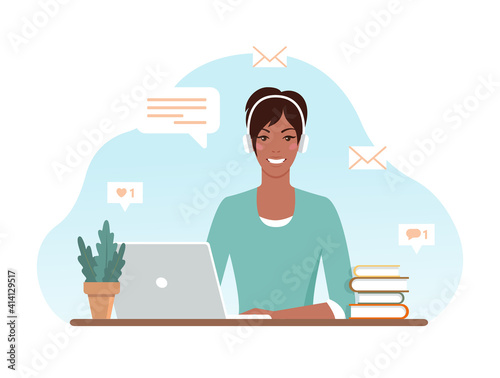 Work at home concept. Young аfrican аmerican  woman with headphones and  laptop. Student or freelancer. Home оffice. Vector  illustration.