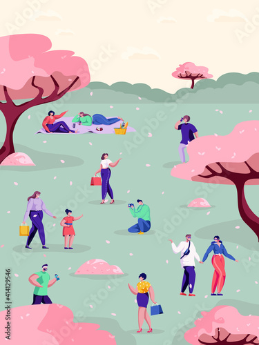Cute cartoon people walking in the spring park with blossom. Funny characters are outdoor for picnic, vacation, sport, photography. Relaxing and spending time outside. Vector flat illustration.