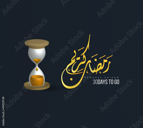 30days to go for upcoming muslim feast of the holy month. The Arabic calligraphy spells Ramadan kareem, which means Generous Ramadan, a holy month in islamic calendar. Countdown concept