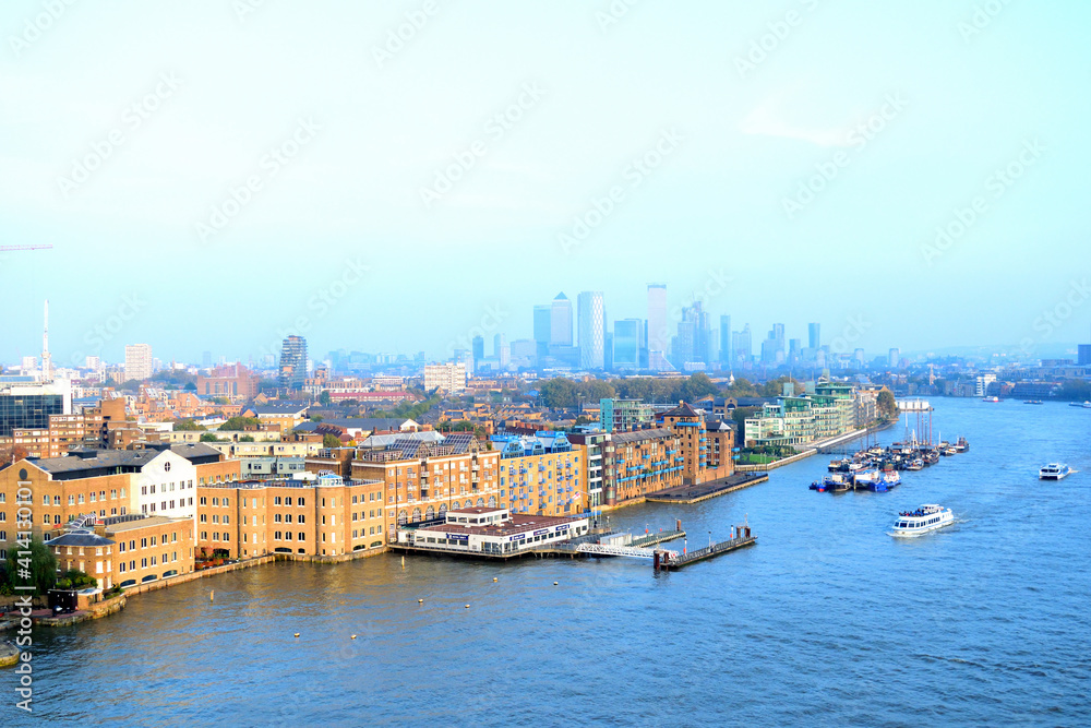aerial view of the river thames to east side of london - London, England, United Kingdom (UK)