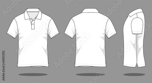 White short-sleeve polo shirt template on gray background. Front, back, and side views, vector file. photo
