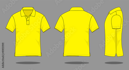 Blank yellow short sleeve polo shirt template on gray background. Front, back, and views, vector file
