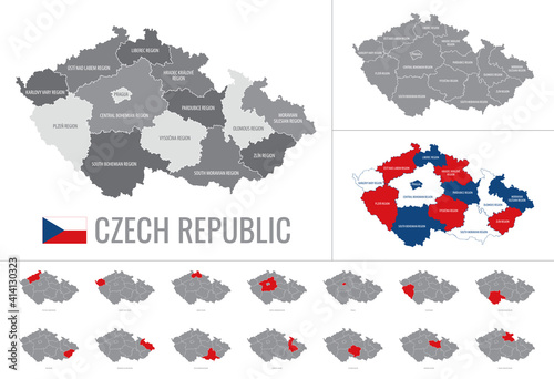 Detailed vector map of regions of Czech Republic with flag