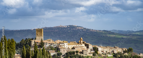 Vista panoramica del borgo di Montecatini Val di Cecina con dietro all'orizzonte Volterra photo