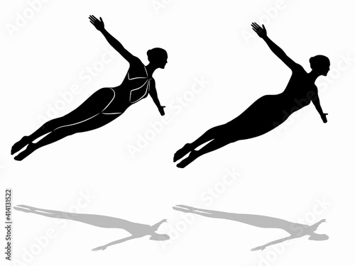 silhouette woman jumping or falling into water, vector drawing