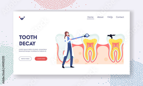 Tooth Decay Landing Page Template. Tiny Dentist Female Doctor CharacterHold Stomatological Mirror Care of Huge Tooth