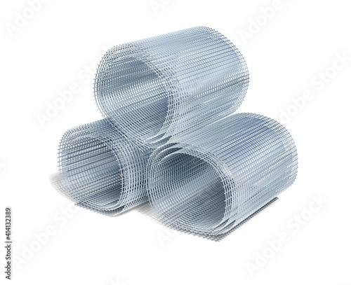 Aluminium welded net rolled up in three stacks, 3d illustration