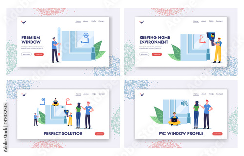 Pvc Window Profile Installation Process Landing Page Template Set. Tiny Characters at Huge Piece of Vinyl Frame