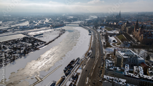 Szczecin 15.02.2021 panorama of the city from the Odra river, Winter, the river frozen