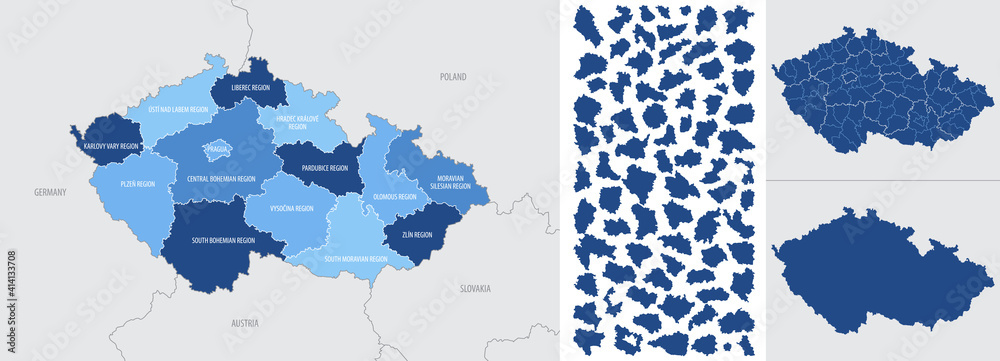 Obraz premium Detailed, vector, blue map of Czech Republic with administrative divisions into regions country