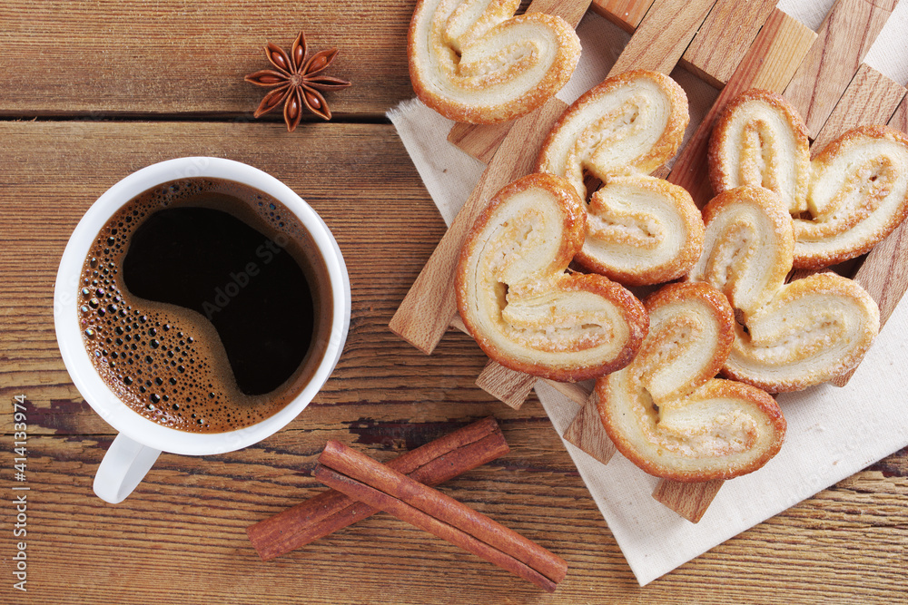 Coffee and heart-shaped cookies Coffee and heart-shaped cookies