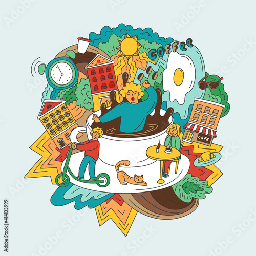 Coffee doodle. City morning. People full of energy concept.  Sleepy man stretching and  wake up in cup of coffee. Hand drawn vector illustration.