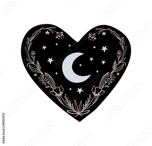 Vintage boho tattoo for a witch, black heart with a crescent moon, stars and flowers, tarot card. Hand drawing, vector illustration isolated on white background