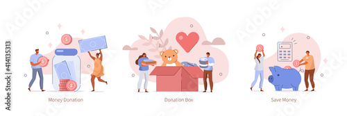 Characters Donating Money for Charity, Collecting Gold Coins in Piggy Bank, Putting Clothes and Food in Donation Box. Charity Support and Saving Money Concept. Flat Cartoon Vector Illustration.
