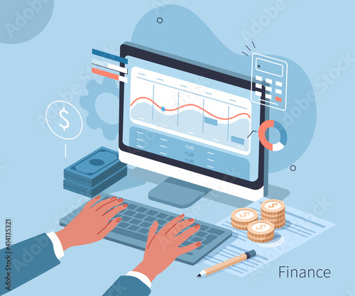 Investor Analyzing Financial Data and Planning Investments on Laptop. Character Preparing Financial Report. Accountant at Work. Accounting Concept. Flat Isometric Vector Illustration.
