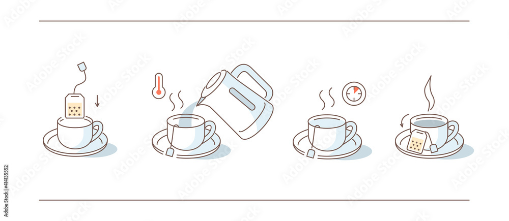 Instruction How to Brewing Tea Bag. Place Tea Bag in Cup, Add Boiling  Water, Wait for few Minutes. Cooking Direction for Hot Drink. Flat Line  Vector Illustration and Icons set. Stock Vector