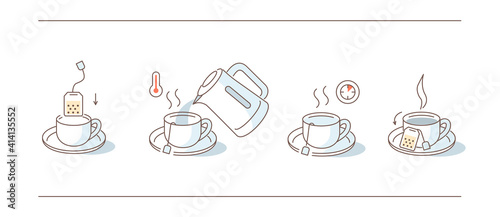 Instruction How to Brewing Tea Bag. Place Tea Bag in Cup, Add Boiling Water, Wait for few Minutes. Cooking Direction for Hot Drink. Flat Line Vector Illustration and Icons set.
