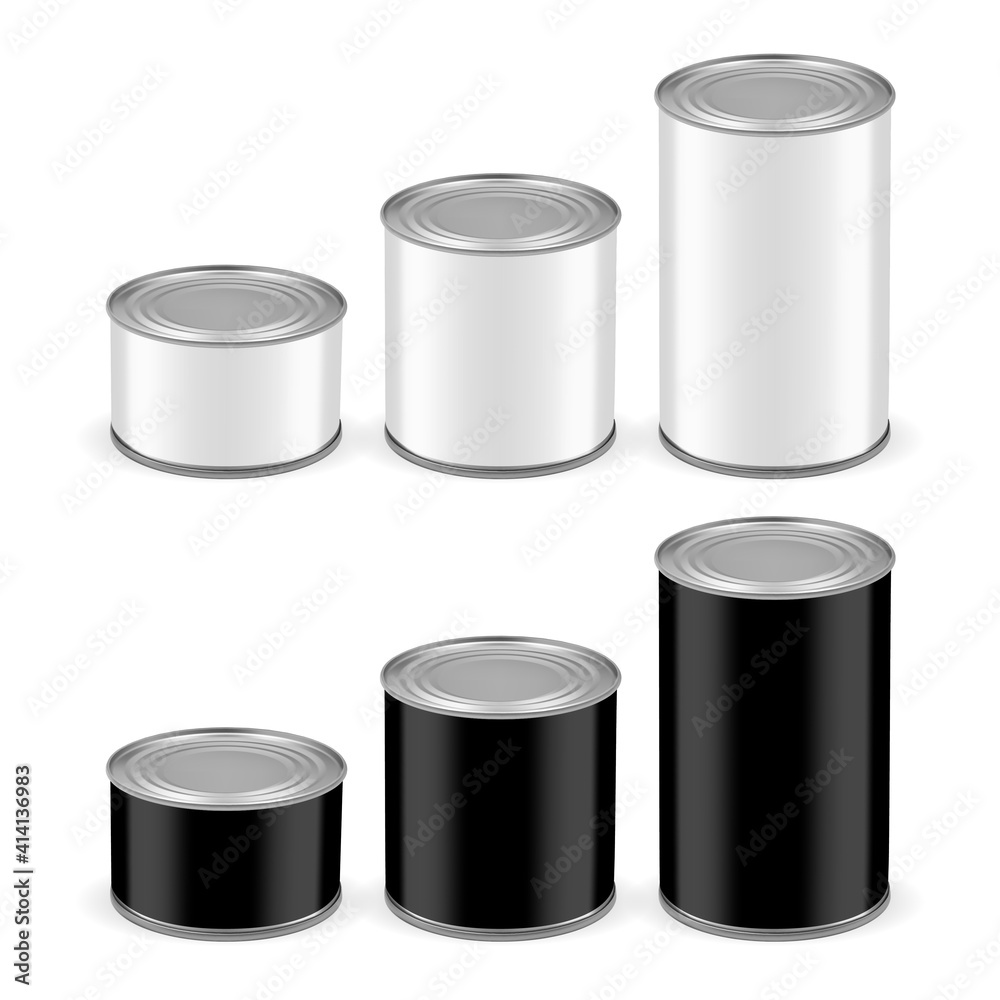 white and black cans of different sizes isolated on white background mock up vector white and black cans of different sizes isolated on white background mock up vector