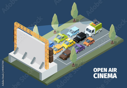Outdoor cinema. Isometric open space park people watching movies from self cars vector. Illustration outdoor park cinema, movie festival