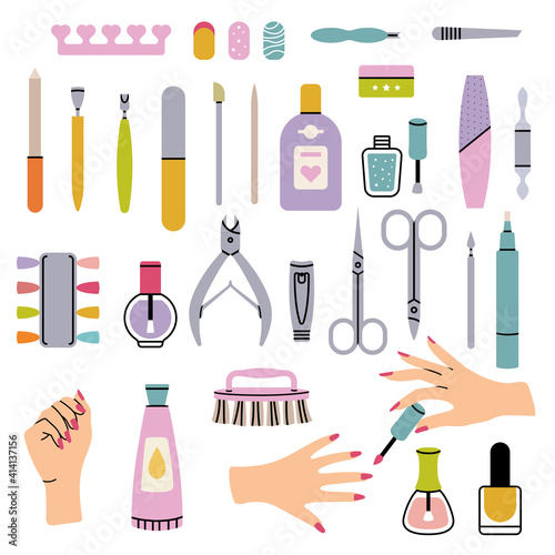 Manicure salon items. Polish nails pedicure tools in beauty salon for women haircut tweezers vector collection. Illustration pedicure care, fingernail tool equipment, clipper and tweezers