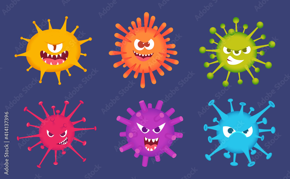 Cute cartoon viruses. Bacteria emotional faces scared emoticons devil toys biology colorful virus exact vector illustrations. Character virus cartoon, bacteria funny colore