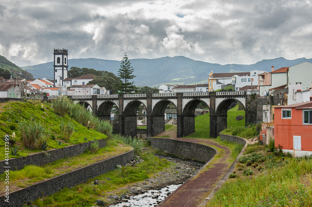 View to the bridge and church tower, Ribeira Grande, Sao Miguel island, Azores, Portugal