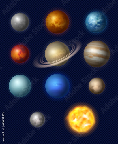 Planets realistic. Universe systems stars collection jupiter earth moon neptune various size of planets decent vector astronomy illustrations. Planet system in space, astronomy planetary
