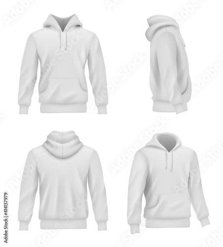 Hoodie realistic. Fashion sport clothes for man sweater casual white shirt decent vector pictures set. Illustration casual hoodie and sleeve