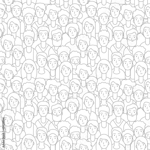 Crowd pattern. People faces seamless texture. Line diverse man woman students vector background. Illustration crowd people linear, social face pattern