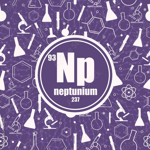 Neptunium chemical element. Sign with atomic number and atomic weight. Chemical element of periodic table. Connected lines with dots. Circle frame with icons.