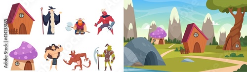Magic heroes. Fairytale landscape, cute cartoon houses, magical forest vector illustration. Magic character and cartoon house, mythology fantasy