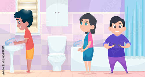 Kindergarten hygiene. Kids standing in waiting line and cleaning hands washing with soap exact vector cartoon background. Illustration child cleaning hand, boy and girl