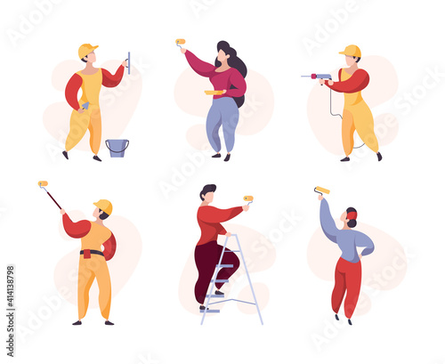 Painters. Crowd professional workers wall painting garish vector stylized people. Illustration worker painter wall, professional job