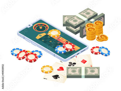 Online casino. Isometric concept mobile digital gambling money for winners smartphones garish vector illustrations. Casino online isometric, smartphone application