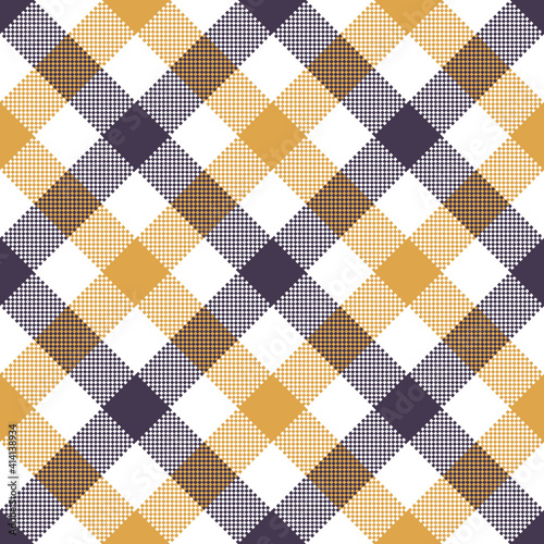 Gingham check pattern autumn in purple, yellow, white. Seamless diagonal pixel plaid art background for dress, tablecloth, gift wrapping paper, or other modern fashion textile print.